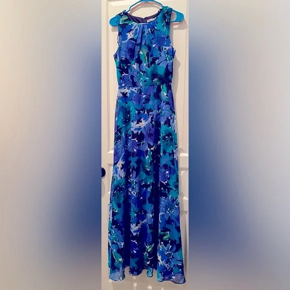 Eliza J Sleeveless Maxi Dress Blue Floral Chiffon - Picture 2 of 7